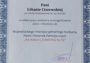 Podziękowanie od Łódzkiego Kuratora Oświaty dla P. L. Ciszewskiej za przygotowanie uczniów do konkursu muzycznego