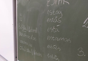 Zielona tablica, na której wypisane jest słownictwo w języku hiszpańskim.