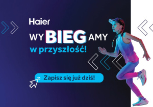 Plakat przedstawiający biegnącą dziewczynę i zawierający hasło biegu. Dodatkowo umieszczono napisy podejmij wyzwanie i zapisz się już dziś.