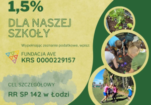 Plakat informacyjny jak przekazać 1,5% podatku na potrzeby naszej szkoły