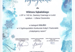 wyróżnienie dla Wiktora podczas V Ogólnopolskiego Konkursu Kolęd i Pastorałek