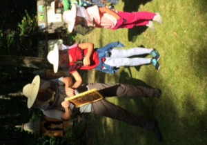 Dzieci w specjalnych pszczelich kapeluszach poznają budowę ula.