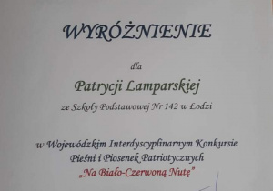 Wyróżnienie za udział w konkursie dla Patrycji Lamparskiej