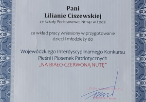 Podziękowanie od Łódzkiego Kuratora Oświaty dla P. L. Ciszewskiej za przygotowanie uczniów do konkursu muzycznego