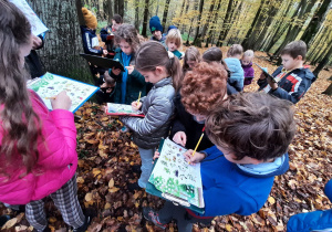 Uczniowie uzupełniający karty pracy podczas warsztatów w lesie.