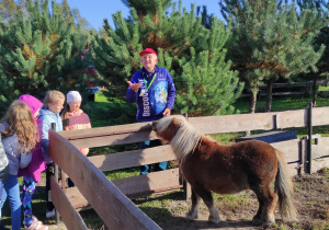 Na zdjęciu dzieci stojące przy zagrodzie kucy, podziwiają te zwierzęta i słuchają opowieści pana, który oprowadza o gospodarstwie agroturystycznym Michałówka.