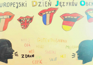 Plakat, który ma narysowane usta, a wytknięte z nich języki pokolorowane są barwami narodowymi różnych krajów. Dodatkowo naklejone są profile twarzy mówiące cześć w różnych językach.