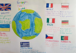 Na plakacie kula ziemska narysowana na środku, wokół niej narysowane flagi różnych krajów a przy nich trzy pytania w danym języku.
